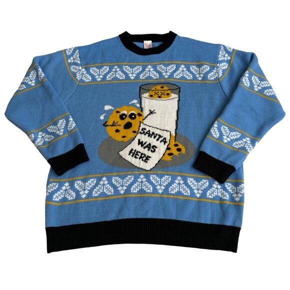 FunQi Gifts XXL Blue Ugly Christmas Sweater Unisex With Santa Was Here Design - Picture 1 of 12